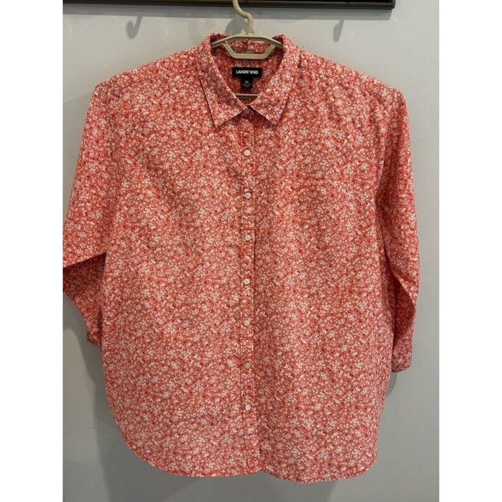 Lands End Cotton Linen Blend Womens Sleeve Pink Floral Shirt 2X
